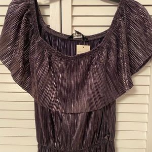 Shimmery pleaded off the shoulder dress. Tea length